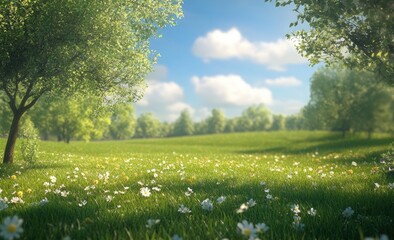 Serene spring landscape with vibrant wildflowers, sunlit trees, and soft-focus greenery for advertising campaigns, digital media content, and sustainable brand visuals.