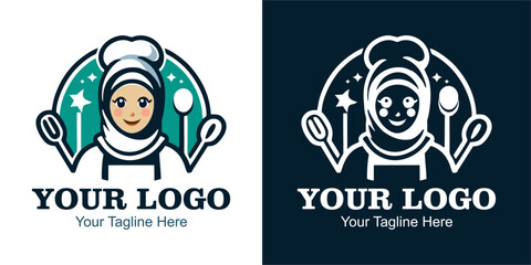 Modern Logo. Of a woman in a chef hat and hijab holding a spoon and a whisk.