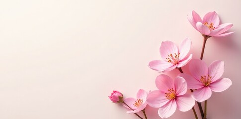 Fototapeta premium Pink flowers against a white or cream-colored background, nature, pastel