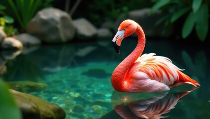 Fototapeta premium Pink flamingo resting in a shallow pool with clear water and aquatic plants, flamingo, pool