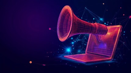 Digital marketing low poly wireframe illustration featuring a 3d laptop and megaphone with connected dots, symbolizing online advertising, targeted promotions, and internet marketing strategies in a f