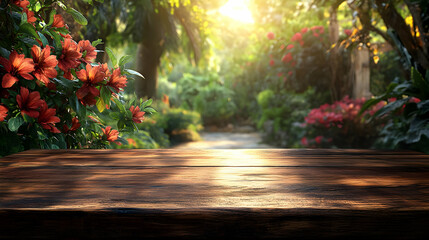 Wooden Table Top With Lush Garden View