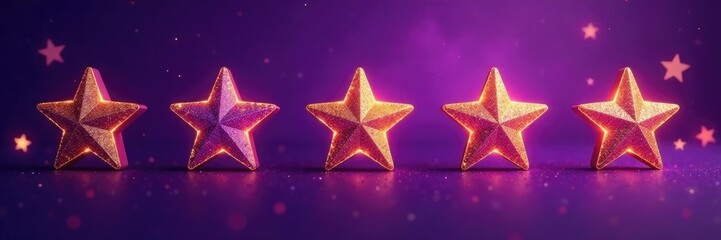 Obraz premium Purple background with five glittering gold stars and a subtle texture, starry, purple