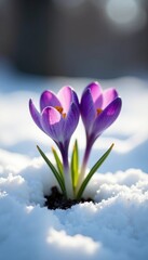Fototapeta premium Purple crocuses sprouting from snow-covered ground, thawing ground, flowers, snow