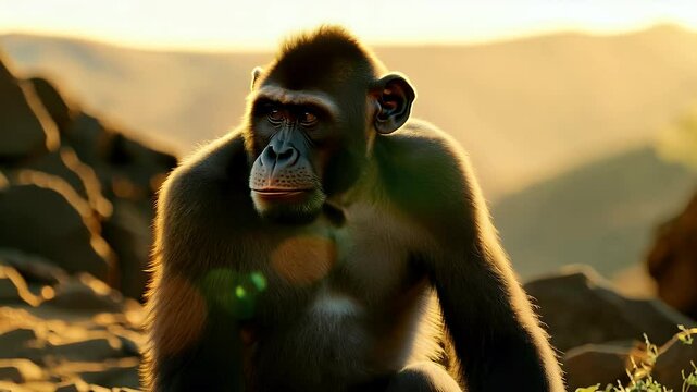 A natural habitat scene featuring thoughtful chimpanzee resting rocky terrain mountains captured high definition footage showcasing wildlife native environment