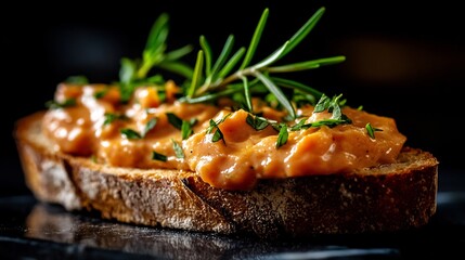 Close Up Of Sliced Crusty Bread With Creamy Orange Spread Garnished With Rosemary