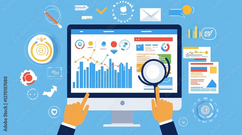 Poster specialist analyzing website traffic data on computer screen, interpreting digital marketing analyti