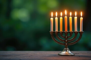 Fototapeta premium Seven candles on menorah against natural background, balance, landscape