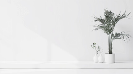 A clean and modern minimalist interior featuring white walls, soft natural light, and green potted plants for a fresh and calming aesthetic