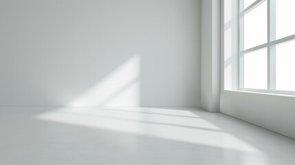 Obraz premium A bright and minimalist empty room with white walls and sunlight streaming through large windows, creating a clean and modern atmosphere