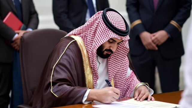 Saudiman signing a document during an official meeting.
