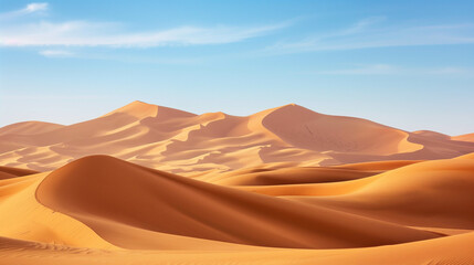 A breathtaking landscape of golden desert sand dunes under a bright blue sky, capturing the beauty and tranquility of nature