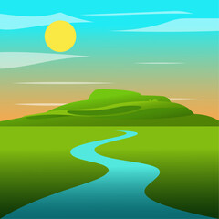 Obraz premium Scenic River Flowing Through Green Hills