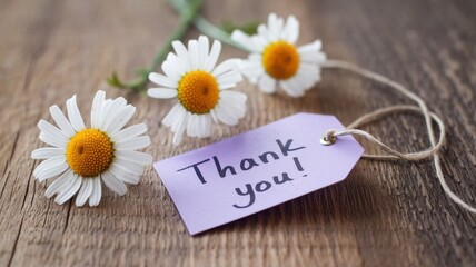 Naklejka premium Daisies and a thank you tag on wooden surface