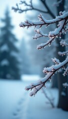 Obraz premium Snowflakes gently falling on frosty tree branches, frosty landscape, peaceful atmosphere