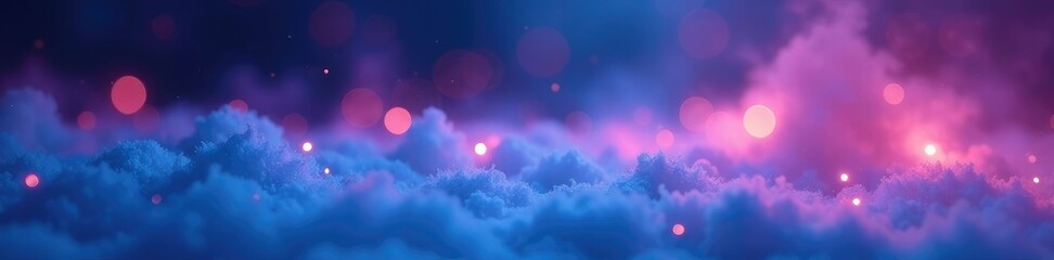 Softly glowing blue lights fill the air with colorful rainbows and gentle mist, soft ambiance, serene atmosphere