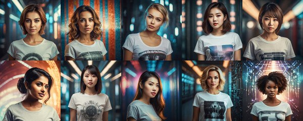 Fototapeta premium Close-up portraits of multiethnic young people on futuristic background.