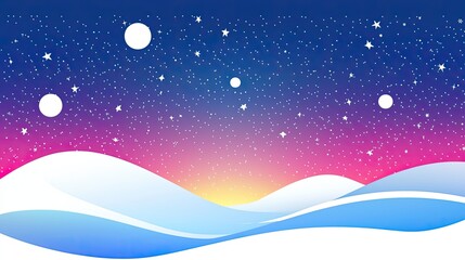 Naklejka premium Vibrant winter landscape with rolling snow hills under a starry night sky and colorful gradient