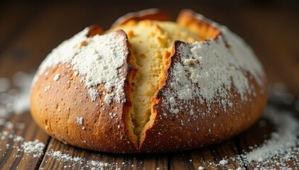 Sourdough bread on wooden surface with subtle flour stains, organic, baked, wood