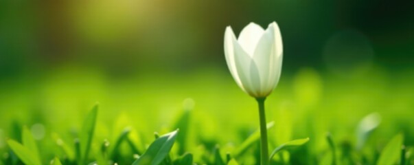 White petals unfolding from a small stem in the grass, grass, growth