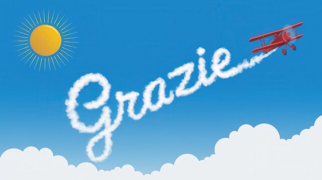Airplane writes grazie in the sky with cloud smoke