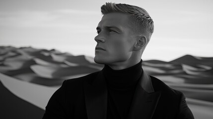 Portrait of a stylish man in a black suit against a dramatic desert landscape backdrop
