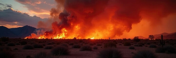 Wildfire burning through a desert landscape at dusk, wildfire damage, arizona storms, dry vegetation
