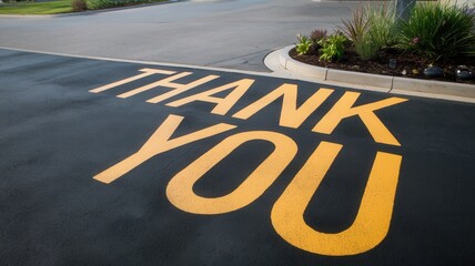 Yellow painted thank you message on dark asphalt pavement