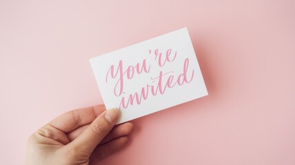 Hand holding a wedding or party invitation on pink background
