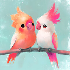 Charming Cartoon Cockatiels on a Branch