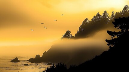 Serene sunset over coastal cliffs with silhouettes of trees and birds in the sky