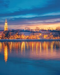 Fototapeta premium Historical cityscape at twilight with vibrant lights reflecting on water