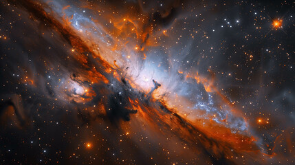 Naklejka premium Stunning cosmic nebula with glowing stars and fiery interstellar clouds