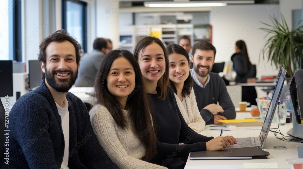 Poster a group of multi-ethnic professionals share smiles while working together at modern desks in a livel