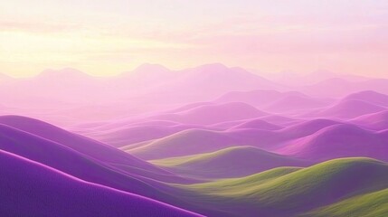 Serene landscape of rolling purple hills at sunset with soft light and distant mountains