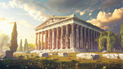 Ancient temple with columns, surrounded by greenery and rocks, under dramatic sky