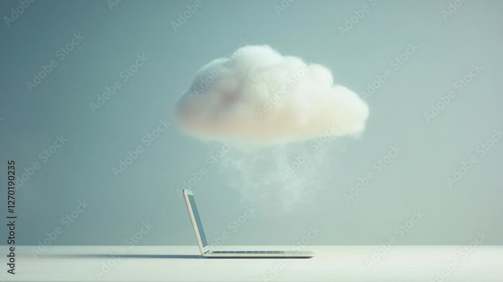 Poster simplistic cloud icon float above laptop display