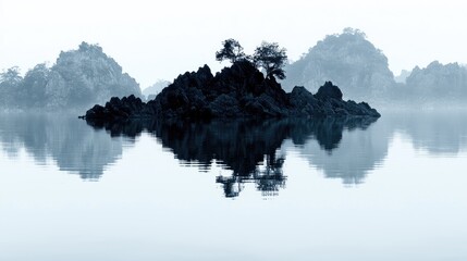 Serene landscape featuring a rocky island with trees reflected in calm water at dawn