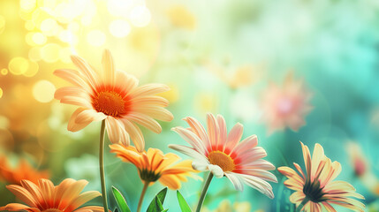 Fototapeta premium Soft sunlit daisies blooming in a dreamy meadow with golden light
