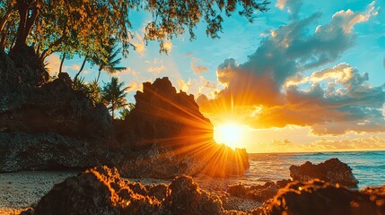 Sunset over rocky beach with palm trees, vibrant colors reflecting on calm water