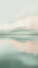 Obraz premium Serene pastel landscape with calm water reflecting soft clouds at twilight, ideal for relaxation