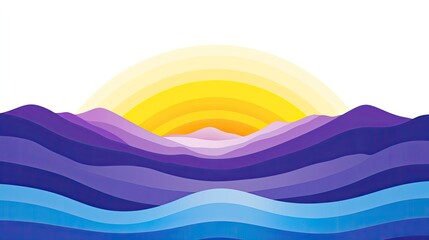 Abstract landscape with layered purple mountains and a colorful sunrise in the background