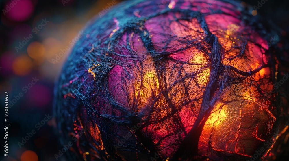 Poster futuristic neural network globe with glowing data threads and abstract digital figures representing 