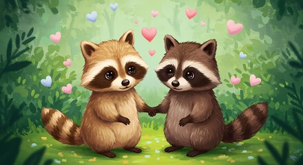 Obraz premium Two adorable raccoons holding hands surrounded by floating hearts