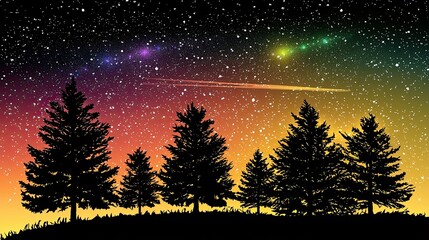 Silhouette of Pine Trees Under a Starry Sky with Colorful Auroras and a Shooting Star