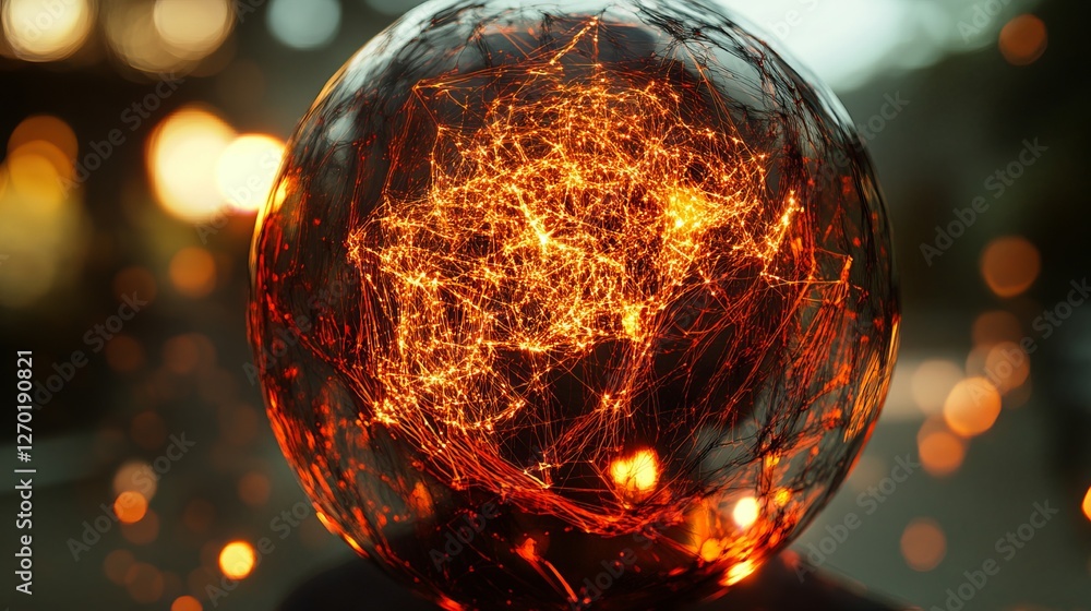 Poster futuristic neural network globe with glowing data threads and abstract digital figures representing 