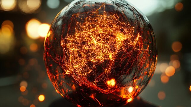 Futuristic neural network globe with glowing data threads and abstract digital figures representing artificial intelligence, machine learning, and global connectivity in a high-tech business concept i