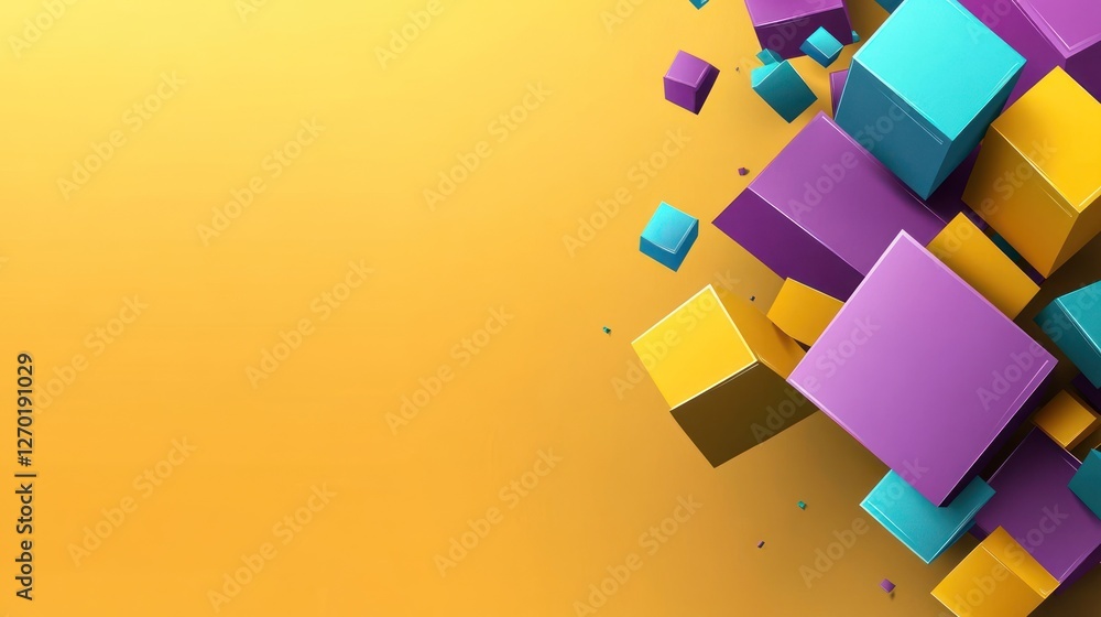 Poster abstract background with colorful 3d cubes on a vibrant yellow backdrop