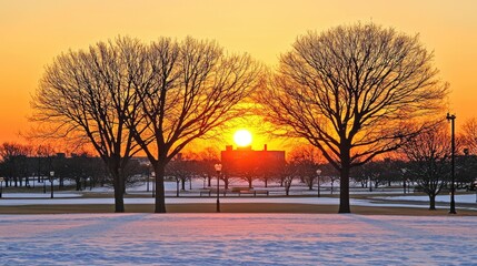 Sunset over a snowy park with silhouetted trees and a distant building under a colorful sky