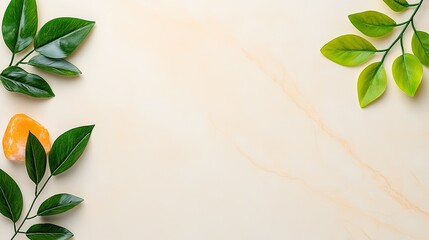 Serene flat lay of green and yellow leaves on a soft marble background, ideal for nature-themed designs